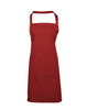 A red bib apron featuring a pocket and an adjustable neck strap. It has a simple design and includes branding.