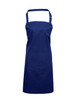 A navy blue bib apron features a front pocket and an adjustable neck strap, with a logo on the chest.