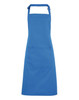 A blue bib apron with a pocket, featuring a neck loop and adjustable straps. It has a plain design and a logo.