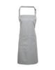 A grey bib apron with a pocket and adjustable neck strap. It features a simple design and has a logo.