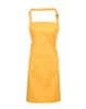 A yellow bib apron with a pocket and an adjustable strap, featuring a logo.