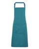 A teal bib apron featuring a front pocket and an adjustable neck strap. The apron includes a logo.