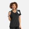 A black mock wrap top with a V-neck, featuring a fitted design and a stethoscope draped around the model's neck.