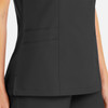 A women's mock wrap top in black, featuring two pockets and a sleek design. It has a subtle logo.