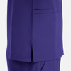 A purple v-neck top featuring four pockets and side slits for ease of movement. It has a logo on the design.