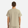 A men's V-neck top in khaki with four pockets and a branding logo on the back.