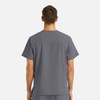 A men's V-neck top in grey with four pockets, featuring a logo on the back.