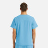 A men's V-neck top in blue with four pockets and a logo, viewed from the back.