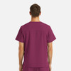 A men's v-neck top in plum with four pockets, featuring a plain back design and a logo.