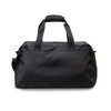 A black recycled duffle bag featuring sturdy handles and a zipper closure, with a logo on the side.