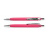 A pink soft-touch pen with a chrome clip and accents, displayed in a top and side view.