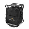 A black cooler seat with a sturdy frame, featuring a zippered compartment and an exterior pocket, has a logo on it.