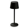 A black rechargeable table lamp with a rounded shade and a slim base. It features a sleek, modern design.
