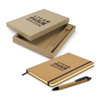 A brown kraft gift set featuring a cork notebook and pen, presented in a matching box.