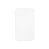 A white solid-state power bank with rounded edges and a simple design, featuring a logo on the surface.