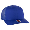 A blue 6 panel mid profile trucker cap with mesh sides and a branded label on the visor.