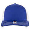 A blue and white 6 panel mid-profile trucker cap featuring a branded logo on the front.