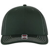 A dark green 6-panel mid-profile trucker cap featuring a mesh back and contrasting stitching, with a logo on the front.
