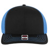A black and blue 6 panel mid profile trucker cap with a logo on the front.