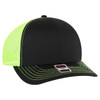A black mid-profile trucker cap with a neon yellow mesh back and contrasting stitching, featuring a logo.