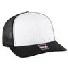 A 6 panel mid-profile trucker cap with a white front and black mesh back, featuring a logo on the side.