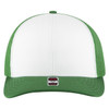 A six-panel mid-profile trucker cap featuring a white front and green mesh sides and brim. It has a logo tag on the front.