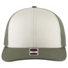 A mid-profile trucker cap featuring a cream front and olive mesh back, with a logo on the front.