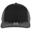 A black 6 panel mid-profile trucker cap featuring mesh sides and a branded label on the front.