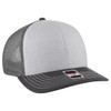 A grey and charcoal six-panel mid-profile trucker cap with a mesh back and a logo on the front.