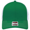 A green 6 panel mid profile trucker cap with white mesh sides and a logo on the front.
