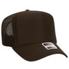 A brown 5 panel high crown trucker cap featuring a mesh back and a logo.