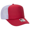 A red 5 panel high crown trucker cap with a white mesh back and a small logo on the front.