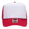 A red and white 5 panel high crown trucker cap with a mesh back and a logo label on the front.