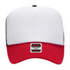A high crown trucker cap in white and red with a black visor and a label on the front.