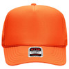 An orange 5 Panel High Crown Trucker Cap with a mesh back and a logo tag on the front.