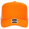 An orange 5 Panel High Crown Trucker Cap with a foam front and mesh sides, featuring a logo on the label.