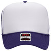 A purple and white 5 Panel High Crown Trucker Cap featuring a logo and a snap closure at the back.