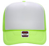 A high crown trucker cap in bright neon yellow with a white front panel and a logo at the base.
