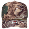 A high crown trucker cap featuring a camouflage design in green, brown, and tan, with a logo on the front.