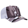 A grey and white camo 5 panel high crown trucker cap with mesh detailing. It features a logo on the front.