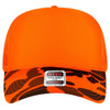 An orange 5 panel high crown trucker cap featuring a camo patterned brim and a logo on the underside.