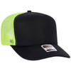 A high crown trucker cap in black with a neon yellow mesh back, featuring a logo on the front.