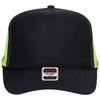 A high crown trucker cap featuring a black front and bright green mesh sides, with a logo on the front.