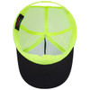 A 5 panel high crown trucker cap featuring a black exterior and neon yellow mesh interior with a logo.