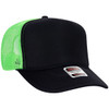 A black 5 panel high crown trucker cap with bright green mesh side panels and an attached logo.