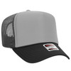 A grey and black 5 Panel High Crown Trucker Cap with a mesh back and a logo on the front.
