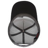 A 5 panel high crown trucker cap with a grey mesh back and a black peak, featuring a logo on the inside.