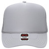 A grey 5 Panel High Crown Trucker Cap with a foam front and a logo on the front panel.