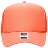 A bright coral 5 Panel High Crown Trucker Cap with a mesh back and a logo tag at the front.