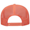 A high crown trucker cap in bright coral with a mesh back and adjustable strap.
